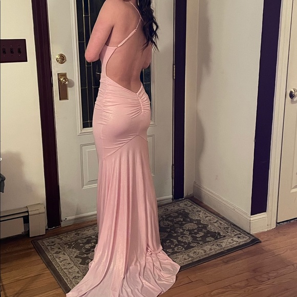 La Femme Light Pink Ruched Open Back Prom Dress